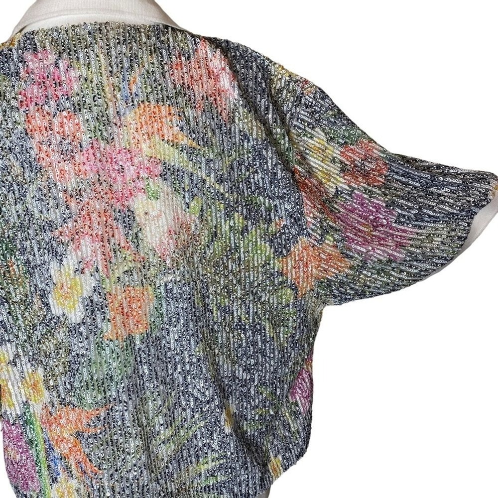 In The Mood For Love Sequin Floral Crop Top Linen Silk Boxy Collared L - Picture 7 of 16